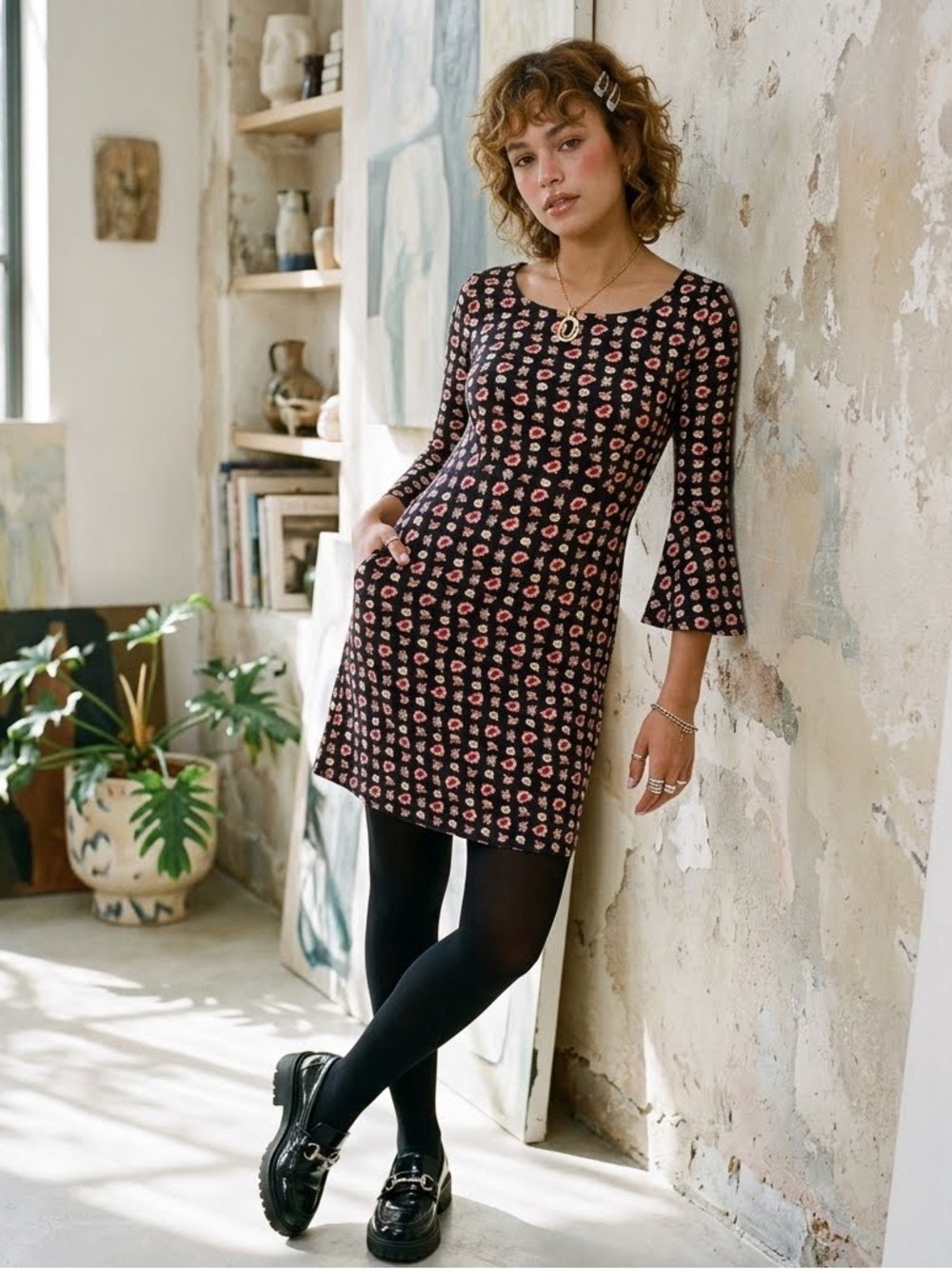 NWOT Boden Black Floral Print Miriam Jersey Tunic Dress w Bell Sleeve Size 12L